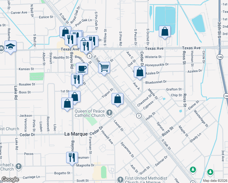 map of restaurants, bars, coffee shops, grocery stores, and more near 600 Highway 3 in La Marque