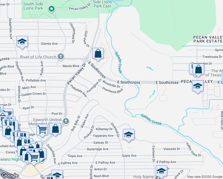 map of restaurants, bars, coffee shops, grocery stores, and more near 3535 Woodville Drive in San Antonio
