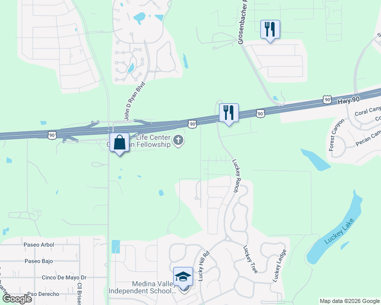 map of restaurants, bars, coffee shops, grocery stores, and more near 12136 U.S. 90 in San Antonio