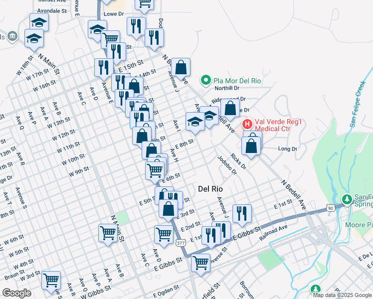 map of restaurants, bars, coffee shops, grocery stores, and more near 952 Avenue I in Del Rio