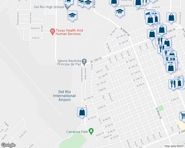 map of restaurants, bars, coffee shops, grocery stores, and more near 619 Holt Street in Del Rio