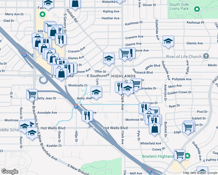map of restaurants, bars, coffee shops, grocery stores, and more near 2618 Stratford Court in San Antonio