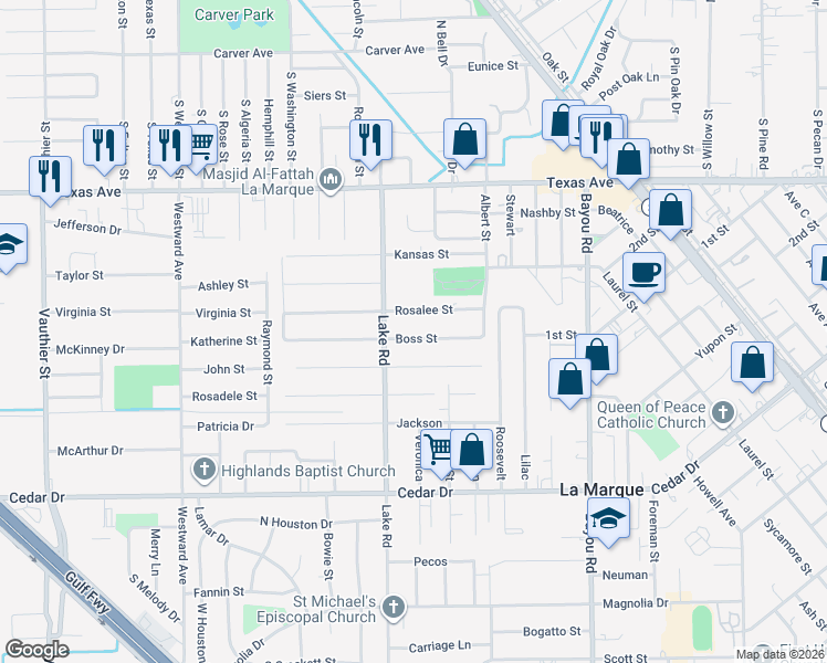 map of restaurants, bars, coffee shops, grocery stores, and more near 2400 Boss Street in La Marque