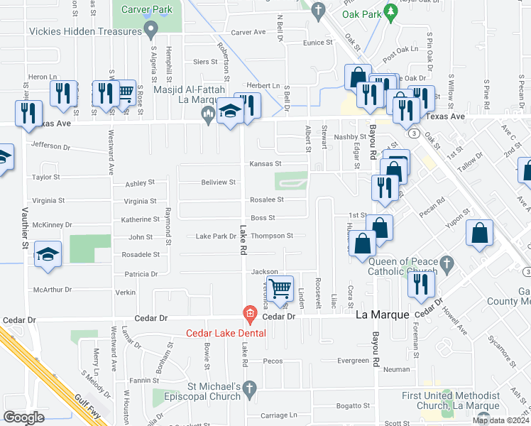 map of restaurants, bars, coffee shops, grocery stores, and more near 1815 Rosalee Street in La Marque