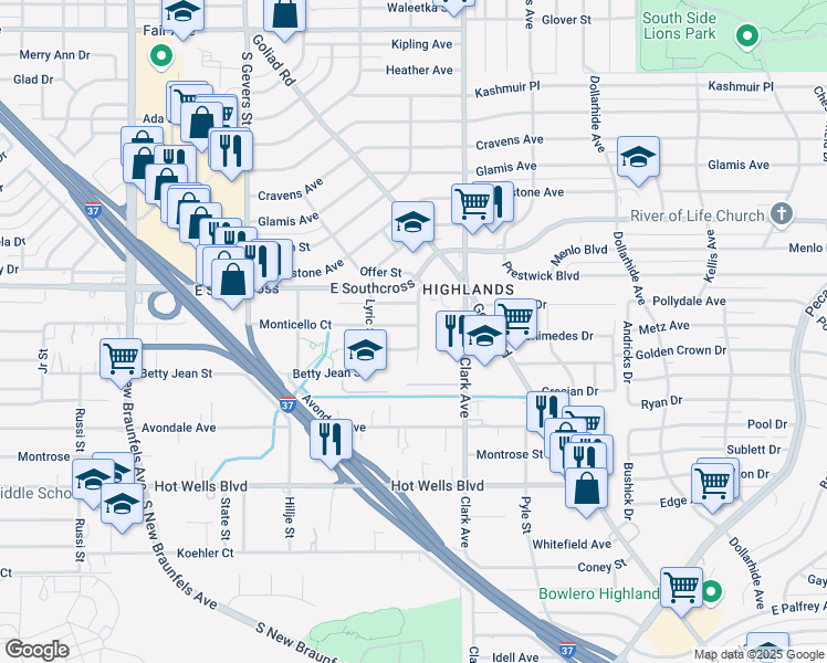map of restaurants, bars, coffee shops, grocery stores, and more near 2618 Stratford Court in San Antonio