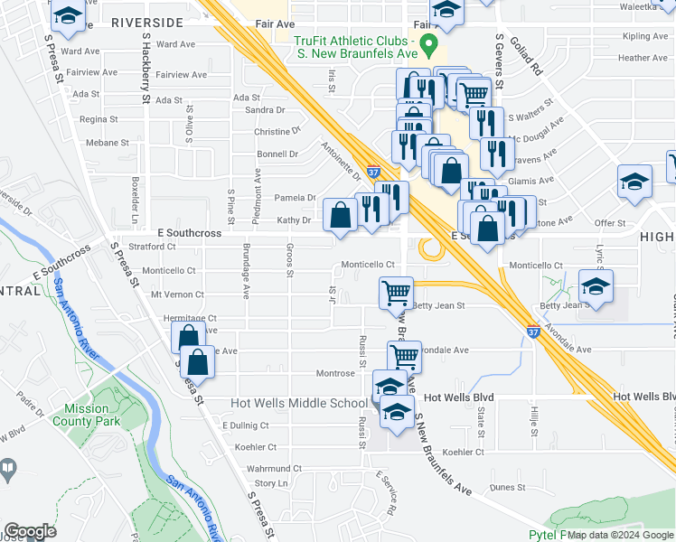map of restaurants, bars, coffee shops, grocery stores, and more near 524 Stratford Court in San Antonio