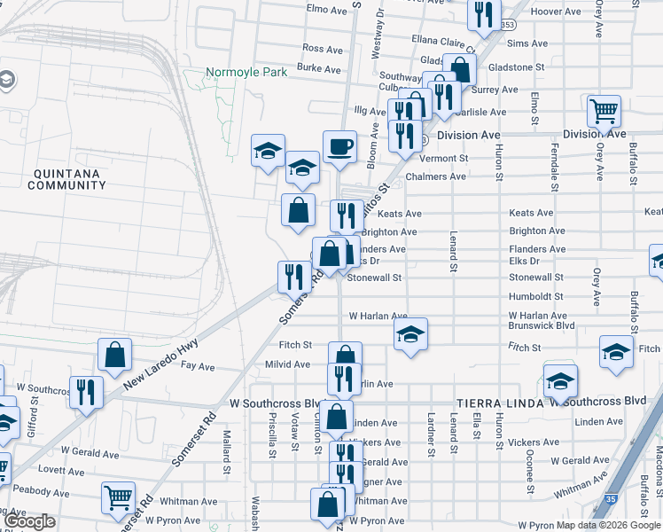map of restaurants, bars, coffee shops, grocery stores, and more near 100 New Laredo Highway in San Antonio