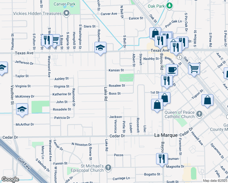 map of restaurants, bars, coffee shops, grocery stores, and more near 2400 Boss Street in La Marque