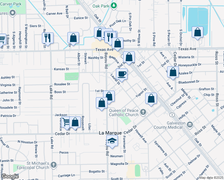 map of restaurants, bars, coffee shops, grocery stores, and more near 1318 1st Street in La Marque