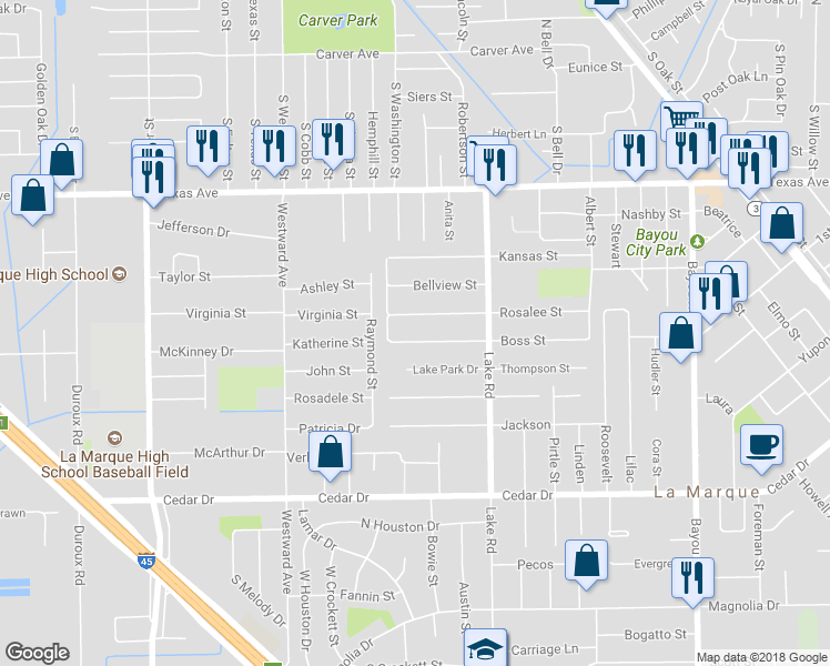 map of restaurants, bars, coffee shops, grocery stores, and more near 2610 Boss Street in La Marque