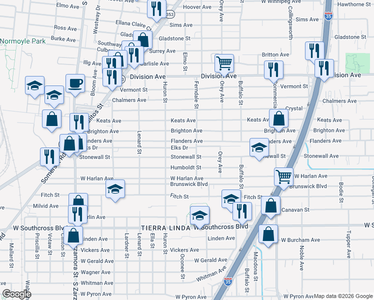 map of restaurants, bars, coffee shops, grocery stores, and more near 1220 Flanders Avenue in San Antonio