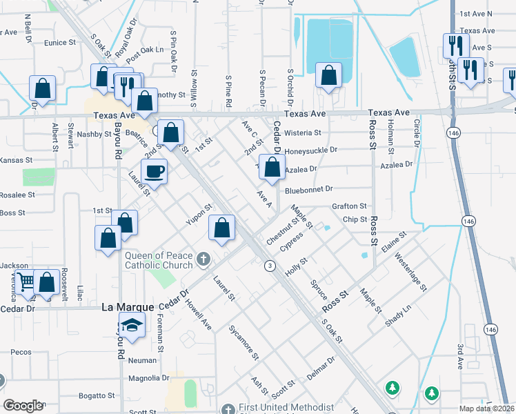 map of restaurants, bars, coffee shops, grocery stores, and more near 631 Rosedale Street in La Marque