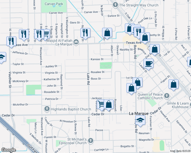 map of restaurants, bars, coffee shops, grocery stores, and more near 1815 Rosalee Street in La Marque