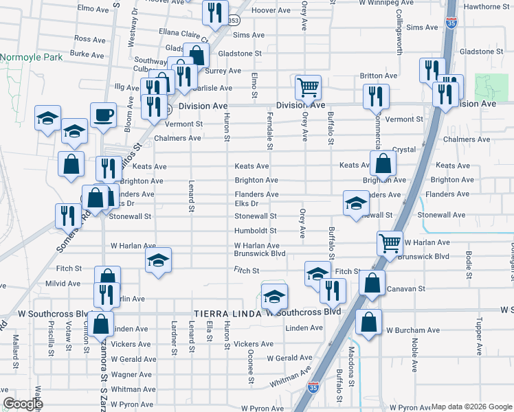 map of restaurants, bars, coffee shops, grocery stores, and more near 1220 Flanders Avenue in San Antonio