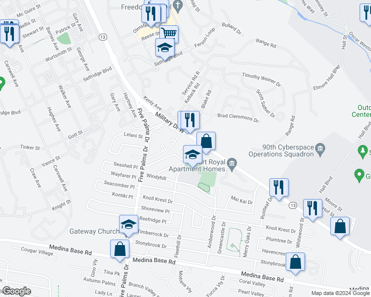 map of restaurants, bars, coffee shops, grocery stores, and more near 5414 West Military Drive in San Antonio