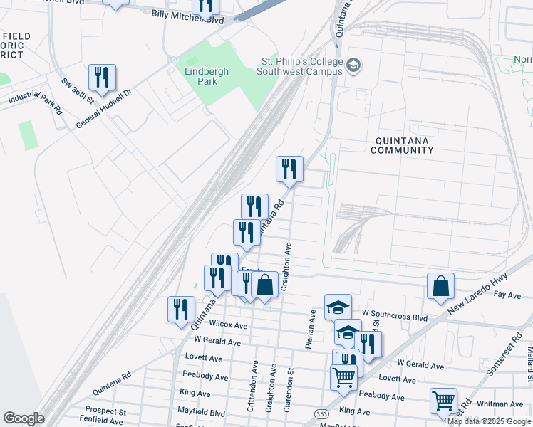 map of restaurants, bars, coffee shops, grocery stores, and more near 1523 Quintana Road in San Antonio