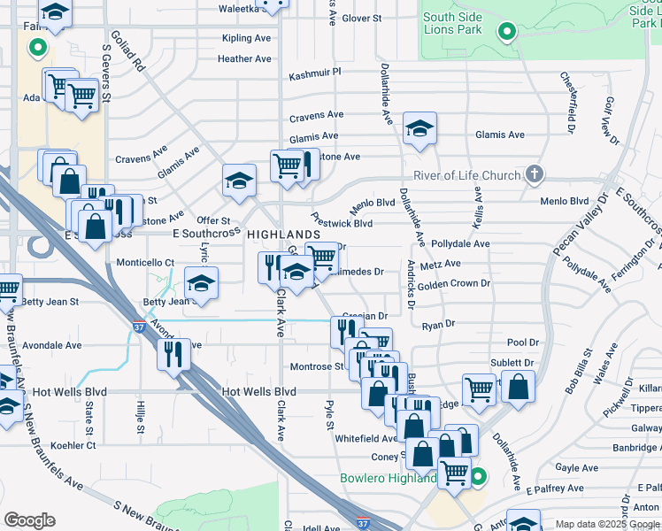 map of restaurants, bars, coffee shops, grocery stores, and more near 122 Eureka Drive in San Antonio