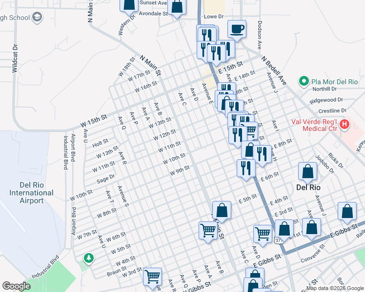 map of restaurants, bars, coffee shops, grocery stores, and more near 101-149 East 11th Street in Del Rio