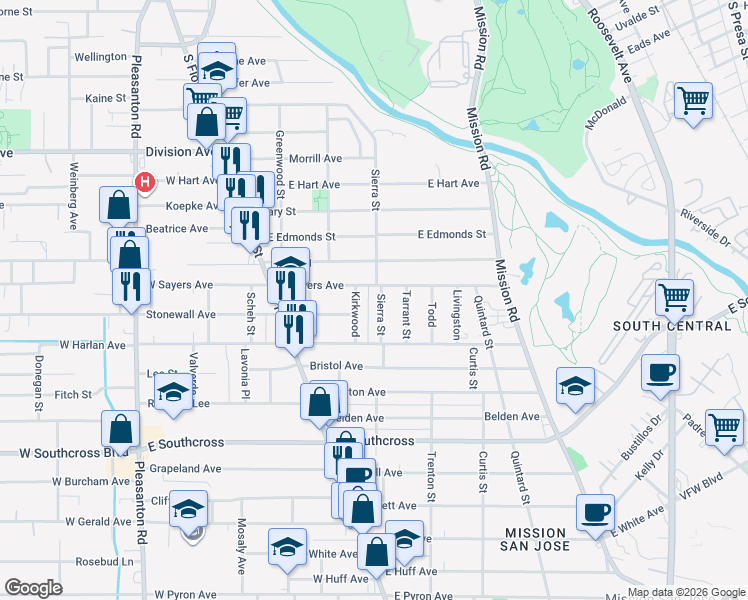 map of restaurants, bars, coffee shops, grocery stores, and more near 102 Kirkwood in San Antonio