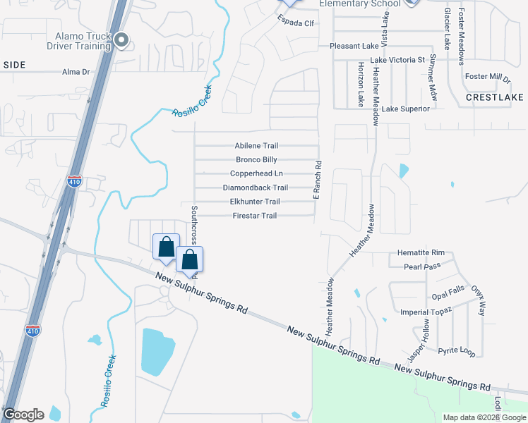 map of restaurants, bars, coffee shops, grocery stores, and more near 5510 Elkhunter Trail in San Antonio