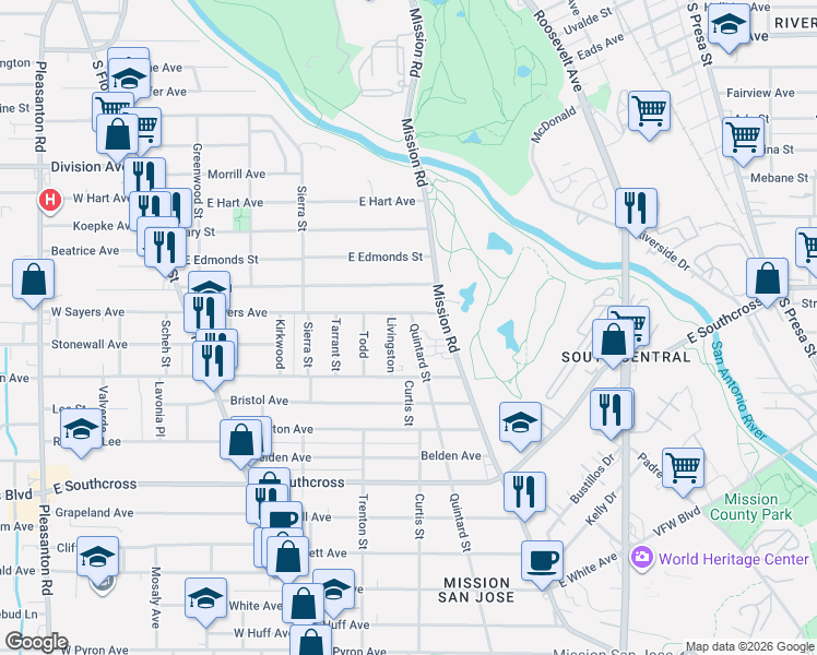 map of restaurants, bars, coffee shops, grocery stores, and more near 102 Livingston in San Antonio