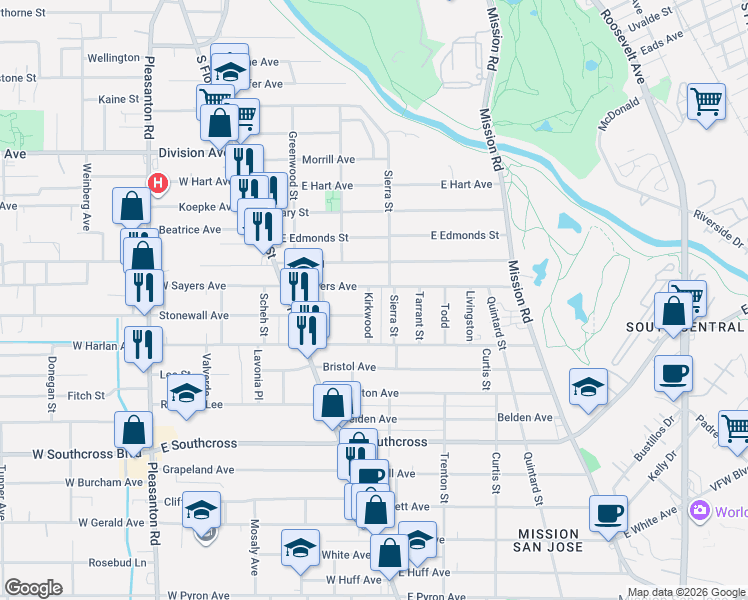 map of restaurants, bars, coffee shops, grocery stores, and more near 102 Kirkwood in San Antonio