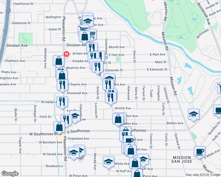 map of restaurants, bars, coffee shops, grocery stores, and more near 5200 South Flores Street in San Antonio