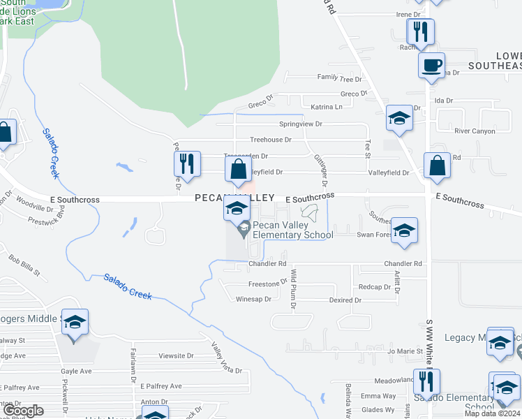 map of restaurants, bars, coffee shops, grocery stores, and more near 4032 East Southcross in San Antonio