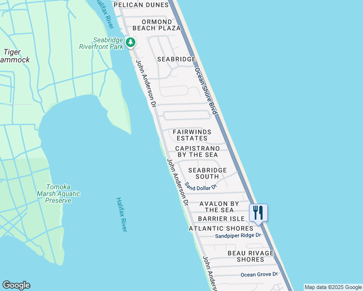 map of restaurants, bars, coffee shops, grocery stores, and more near 16 Eloise Circle in Ormond Beach