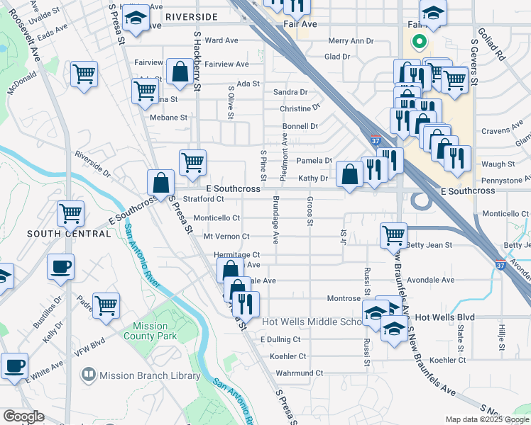 map of restaurants, bars, coffee shops, grocery stores, and more near 346 Stratford Court in San Antonio