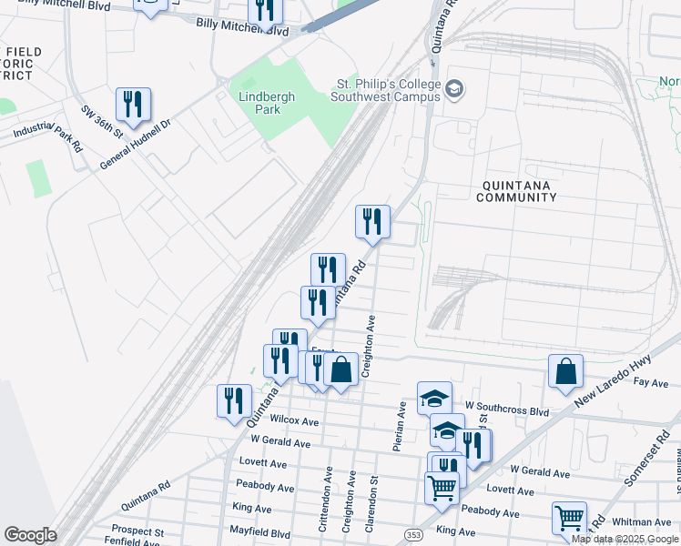 map of restaurants, bars, coffee shops, grocery stores, and more near 1523 Quintana Road in San Antonio