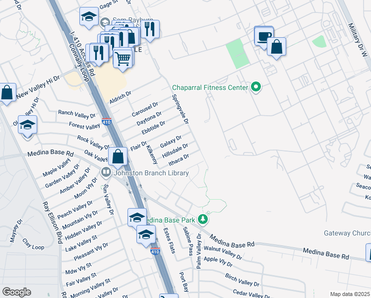 map of restaurants, bars, coffee shops, grocery stores, and more near 115 Hillsdale Drive in San Antonio