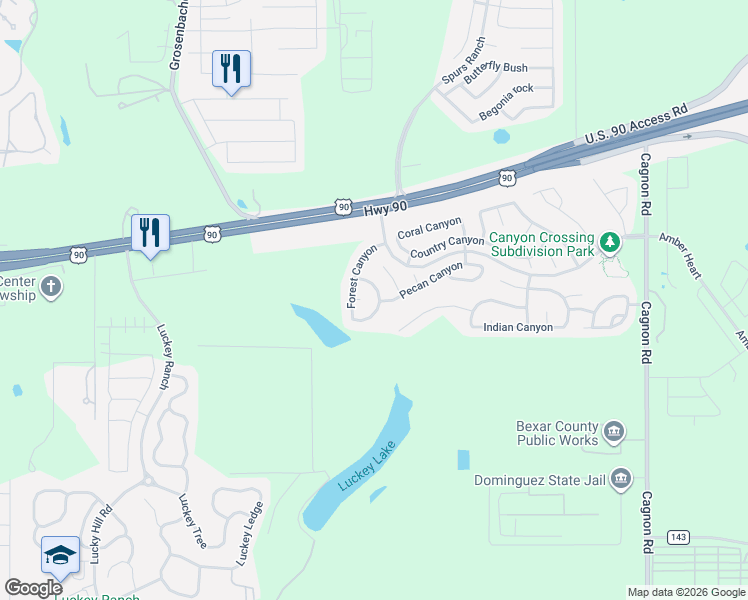 map of restaurants, bars, coffee shops, grocery stores, and more near 11311 Quiet Canyon in San Antonio