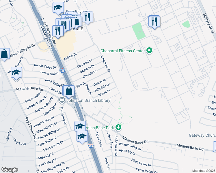map of restaurants, bars, coffee shops, grocery stores, and more near 115 Hillsdale Drive in San Antonio