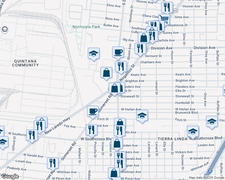 map of restaurants, bars, coffee shops, grocery stores, and more near 100 New Laredo Highway in San Antonio
