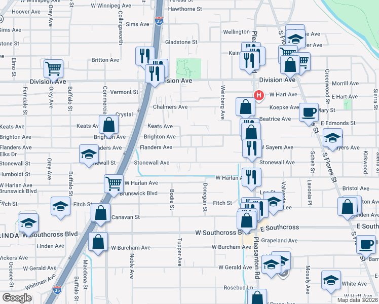 map of restaurants, bars, coffee shops, grocery stores, and more near 526 Flanders Avenue in San Antonio
