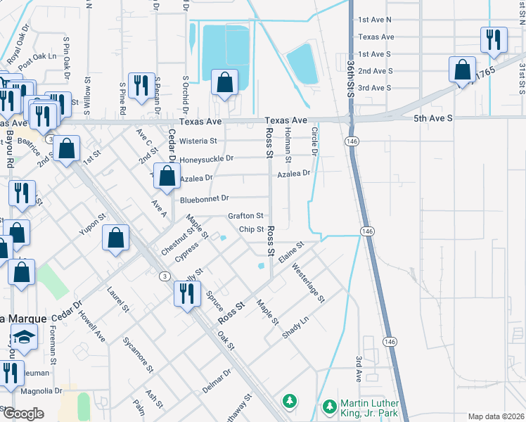 map of restaurants, bars, coffee shops, grocery stores, and more near 605 Ross Street in La Marque