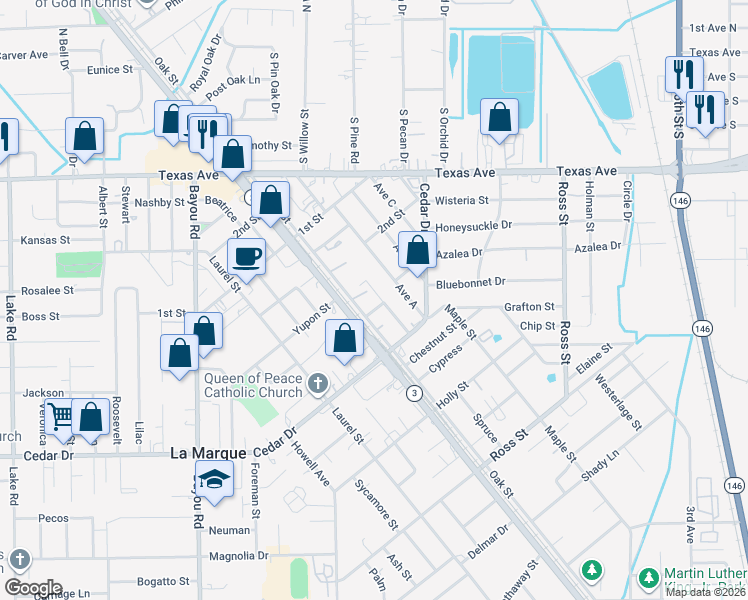 map of restaurants, bars, coffee shops, grocery stores, and more near 631 Rosedale Street in La Marque