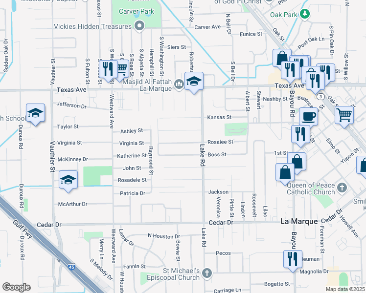 map of restaurants, bars, coffee shops, grocery stores, and more near 2017 Rosalee Street in La Marque