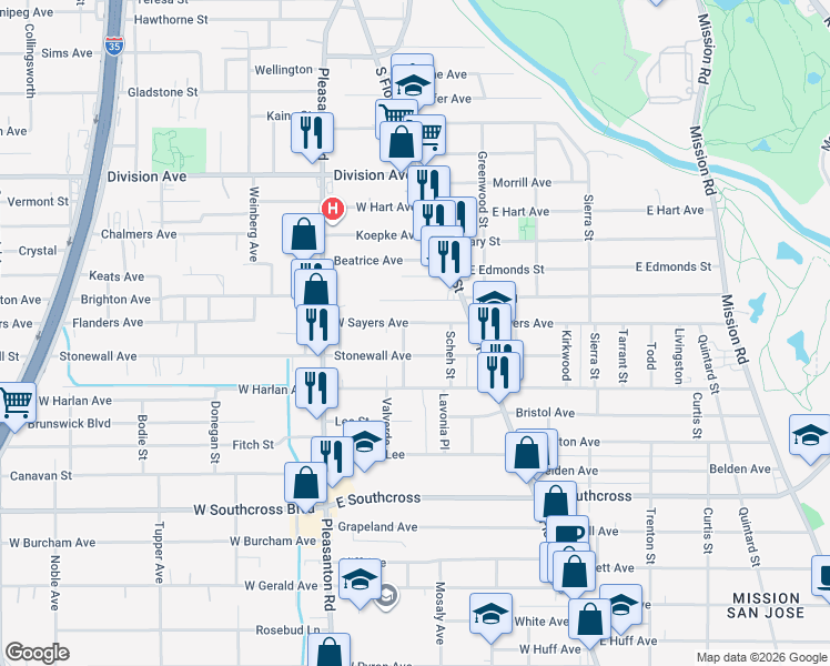 map of restaurants, bars, coffee shops, grocery stores, and more near 224 West Sayers Avenue in San Antonio