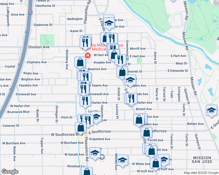 map of restaurants, bars, coffee shops, grocery stores, and more near 224 West Sayers Avenue in San Antonio