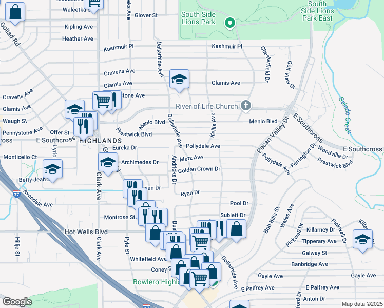 map of restaurants, bars, coffee shops, grocery stores, and more near 207 Metz Avenue in San Antonio