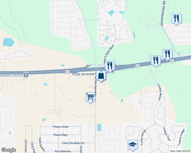 map of restaurants, bars, coffee shops, grocery stores, and more near Wt Montgomery in San Antonio