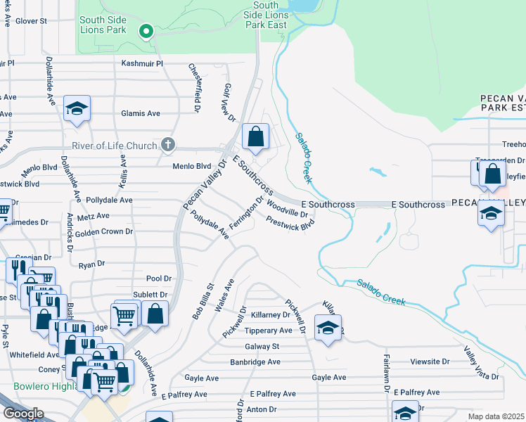 map of restaurants, bars, coffee shops, grocery stores, and more near 3510 Woodville Drive in San Antonio
