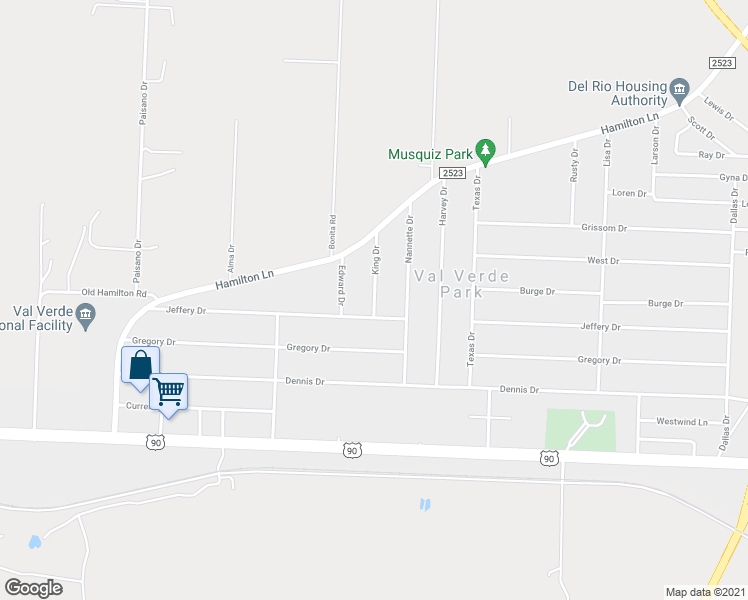 map of restaurants, bars, coffee shops, grocery stores, and more near 102 King Drive in Del Rio