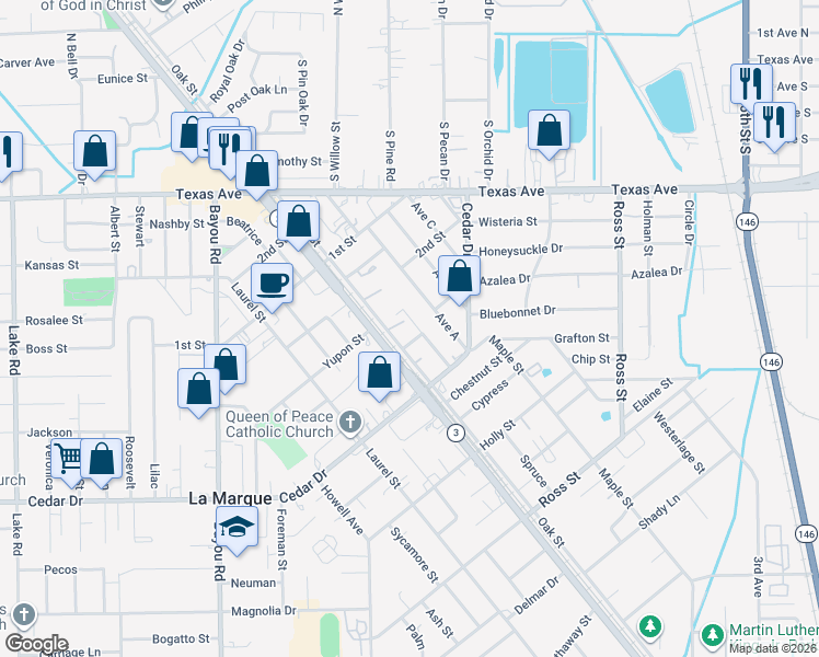 map of restaurants, bars, coffee shops, grocery stores, and more near 609 South Oak Street in La Marque