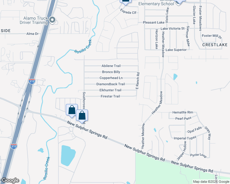 map of restaurants, bars, coffee shops, grocery stores, and more near 5510 Elkhunter Trail in San Antonio