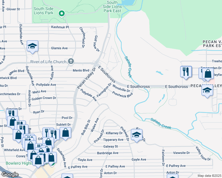 map of restaurants, bars, coffee shops, grocery stores, and more near 3510 Woodville Drive in San Antonio