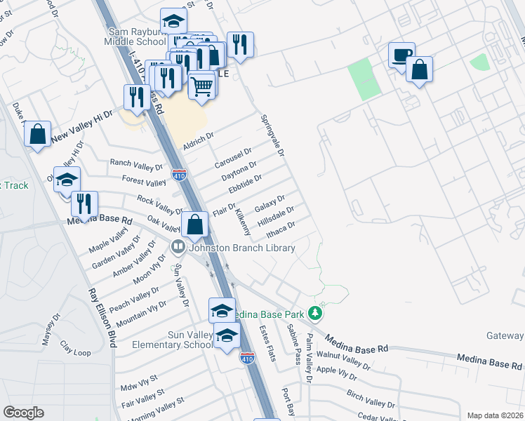 map of restaurants, bars, coffee shops, grocery stores, and more near 138 Galaxy Drive in San Antonio