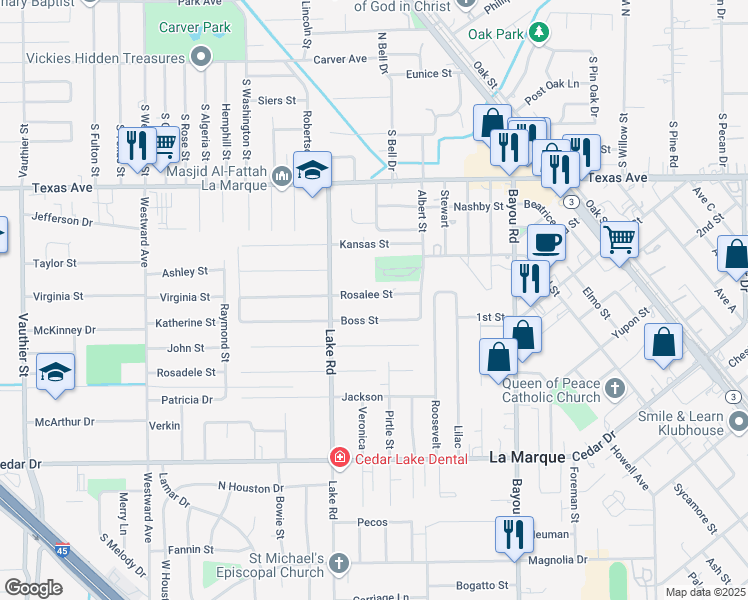 map of restaurants, bars, coffee shops, grocery stores, and more near 1809 Rosalee Street in La Marque